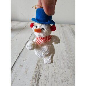 Antique vintage Frosty snowman ornament flocked blue top hat Xmas tree glitter f
